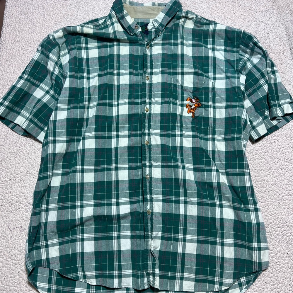 Vintage Tiger Embroidery Pocket Disney Green White Plaid Men's Shirt Size XXL